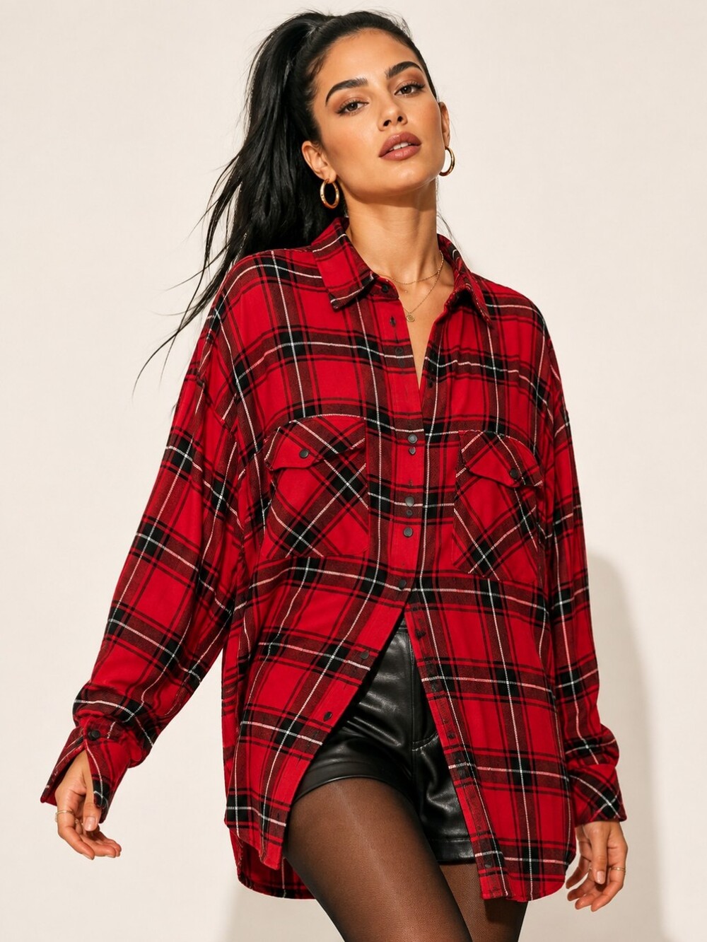 Sanctuary Red Plaid Utility Button Down Shirt XL